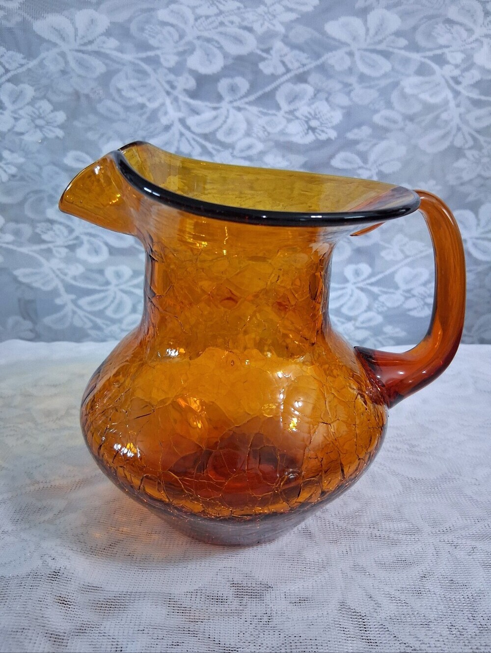 Vintage Mid-Century Amber Art Glass Pitcher Crackle Finish Medium Size MCM - Picture 13 of 16